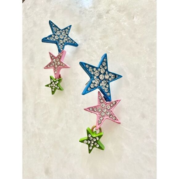 Multi color pink blue and green sparkly star dangle earrings - Picture 1 of 2